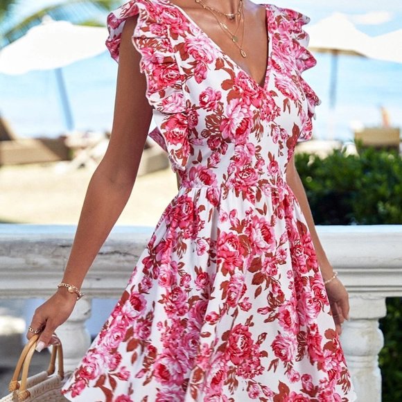 Pink Boho Womens Floral Print Tie Backless Ruffle Trim Dress - Picture 3 of 5